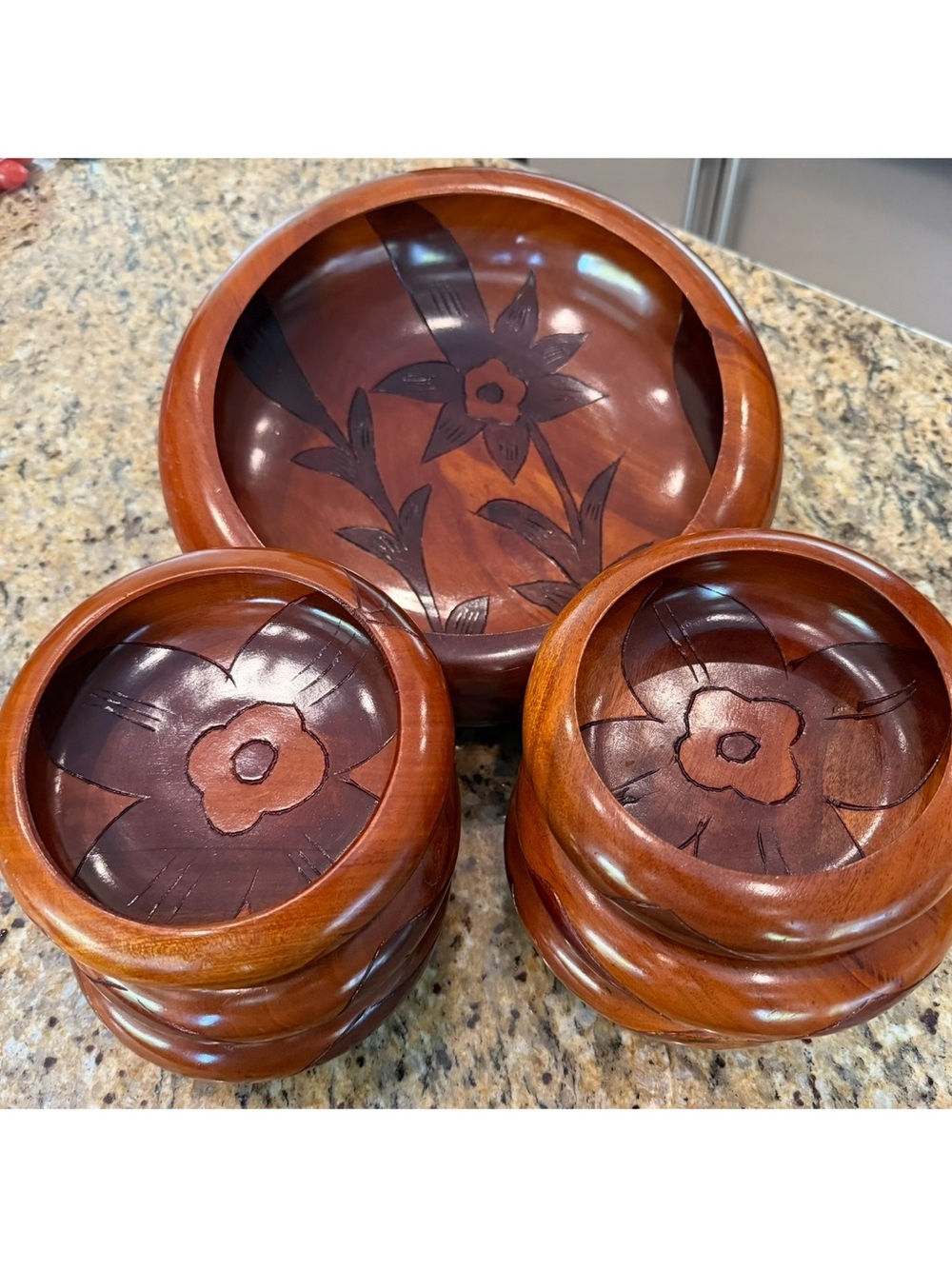 Vintage Teak Wood 7-Piece Salad Bowl Set – Hand Carved Floral Inlay – MCM 1970s